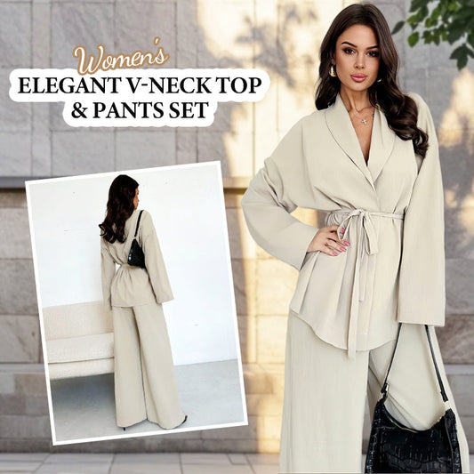 Ensemble 2 pièces pour femme : haut élégant à col en V et pantalon à jambes larges