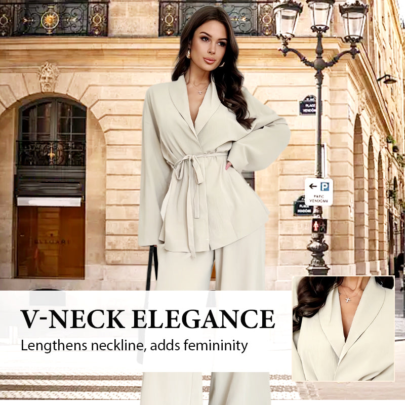 Ensemble 2 pièces pour femme : haut élégant à col en V et pantalon à jambes larges