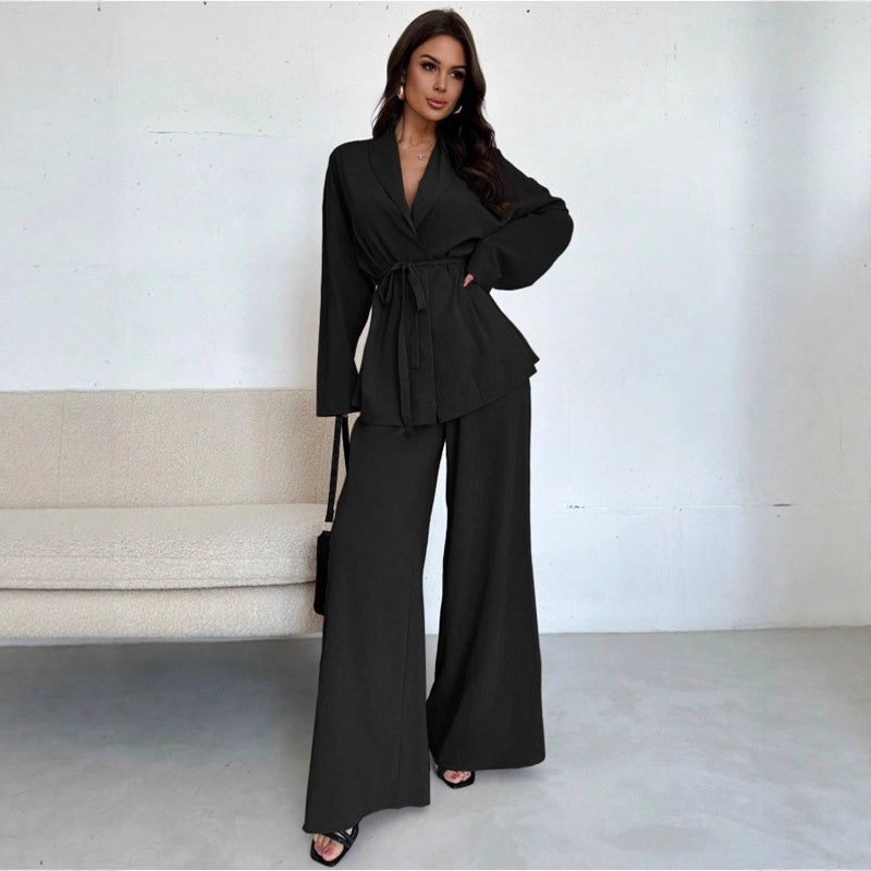 Ensemble 2 pièces pour femme : haut élégant à col en V et pantalon à jambes larges