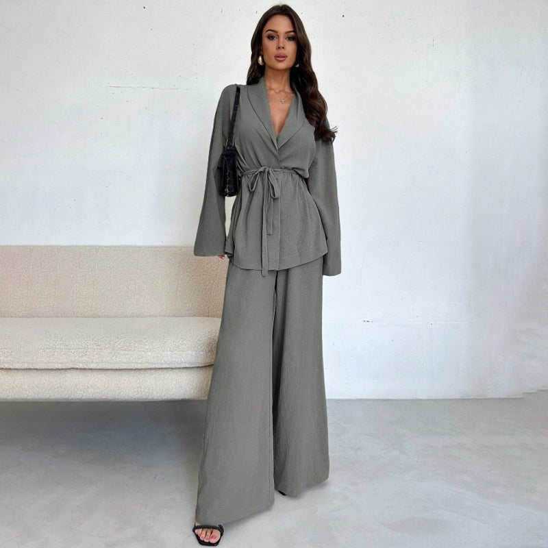 Ensemble 2 pièces pour femme : haut élégant à col en V et pantalon à jambes larges