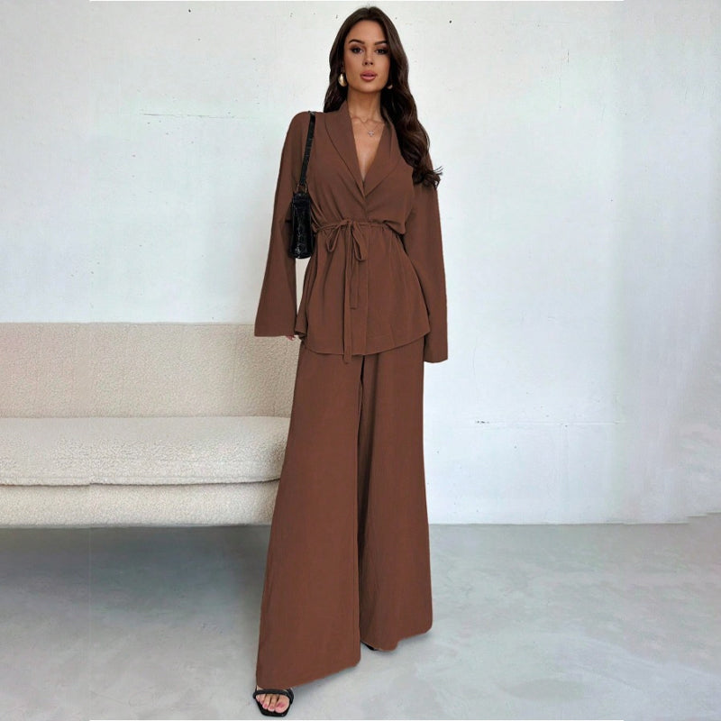 Ensemble 2 pièces pour femme : haut élégant à col en V et pantalon à jambes larges
