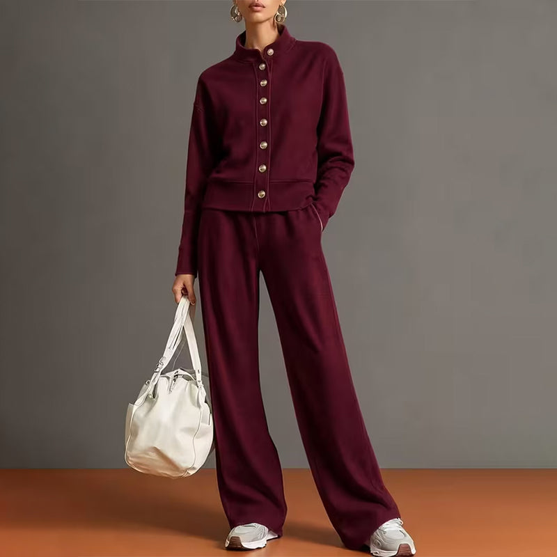 Ensemble pour femme composé d'un cardigan boutonné et d'un pantalon à jambes larges