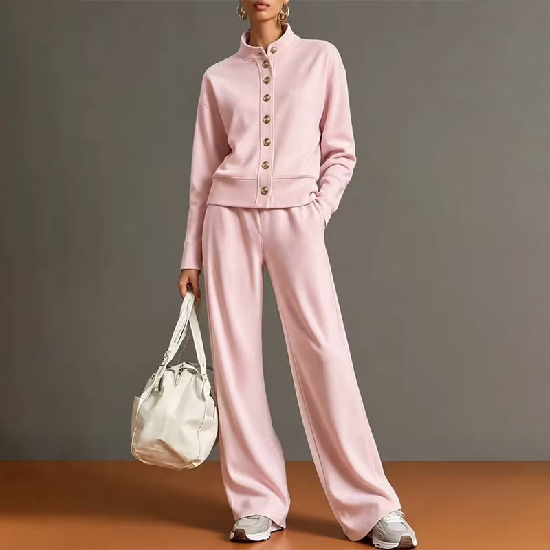 Ensemble pour femme composé d'un cardigan boutonné et d'un pantalon à jambes larges