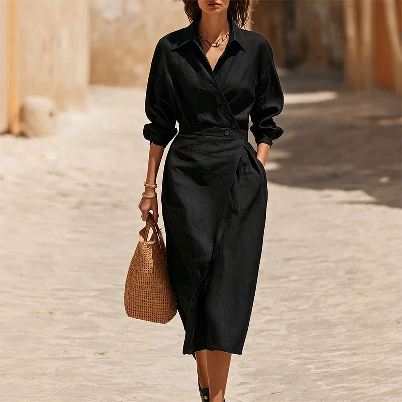 Robe-chemise midi pour femme, à revers et poches