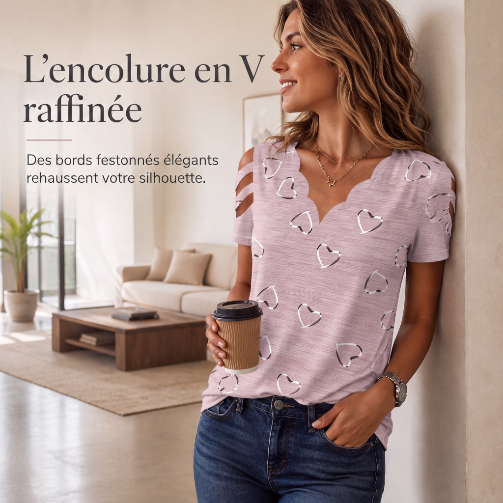 T-shirt pour femme à col en V festonné et imprimé cœurs