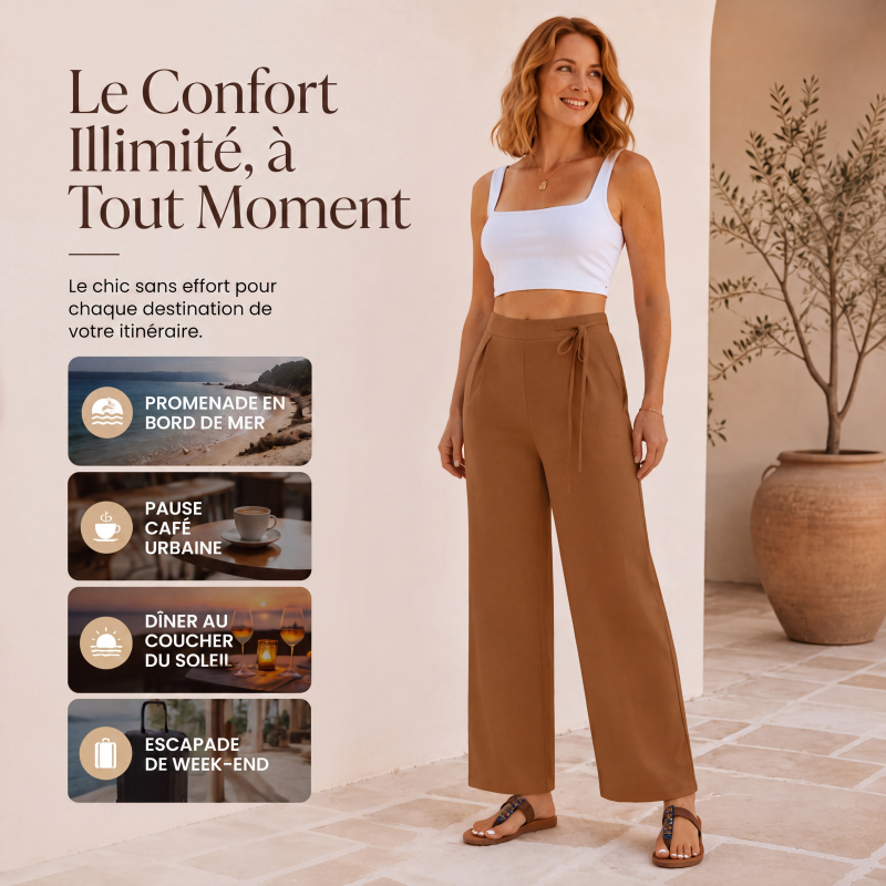 Pantalon droit taille haute avec cordon de serrage pour femme