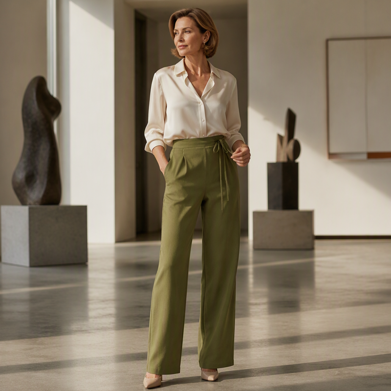 Pantalon droit taille haute avec cordon de serrage pour femme