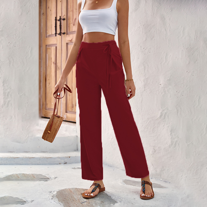 Pantalon droit taille haute avec cordon de serrage pour femme