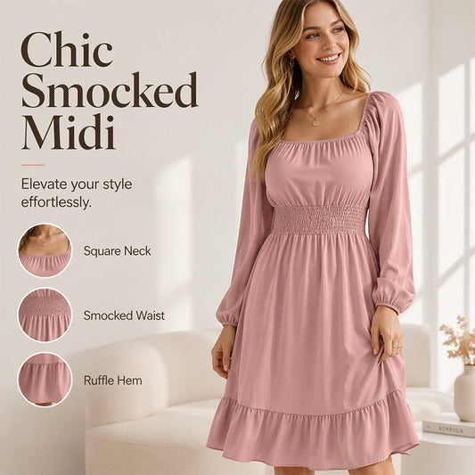 ⌛Offre à durée limitée - Robe A-line à encolure carrée et smocks pour femme