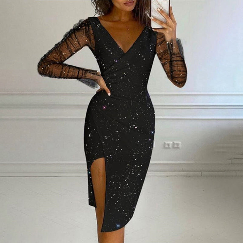 Robe moulante pailletée pour femme avec manches en résille