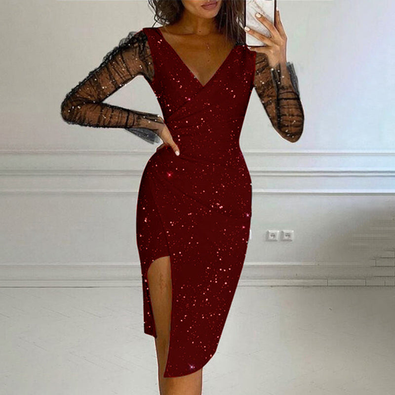 Robe moulante pailletée pour femme avec manches en résille