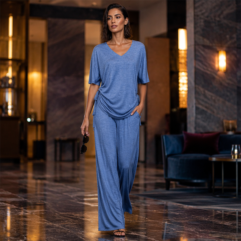 ✨Promotion exceptionnelle : 50 % de réduction 🔥Ensemble décontracté pour femme : haut à col V et pantalon large