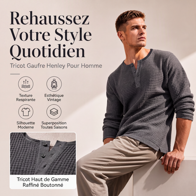 🛒 OFFRE LIMITÉE : -50% ! Chemise Henley à manches longues en maille gaufrée pour homme
