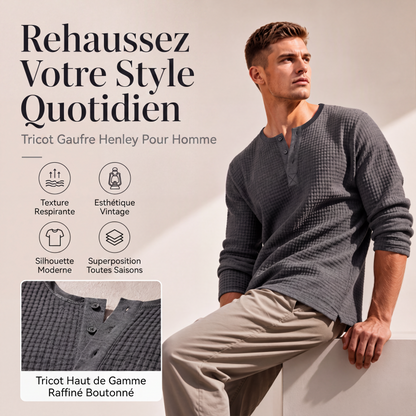 🛒 OFFRE LIMITÉE : -50% ! Chemise Henley à manches longues en maille gaufrée pour homme
