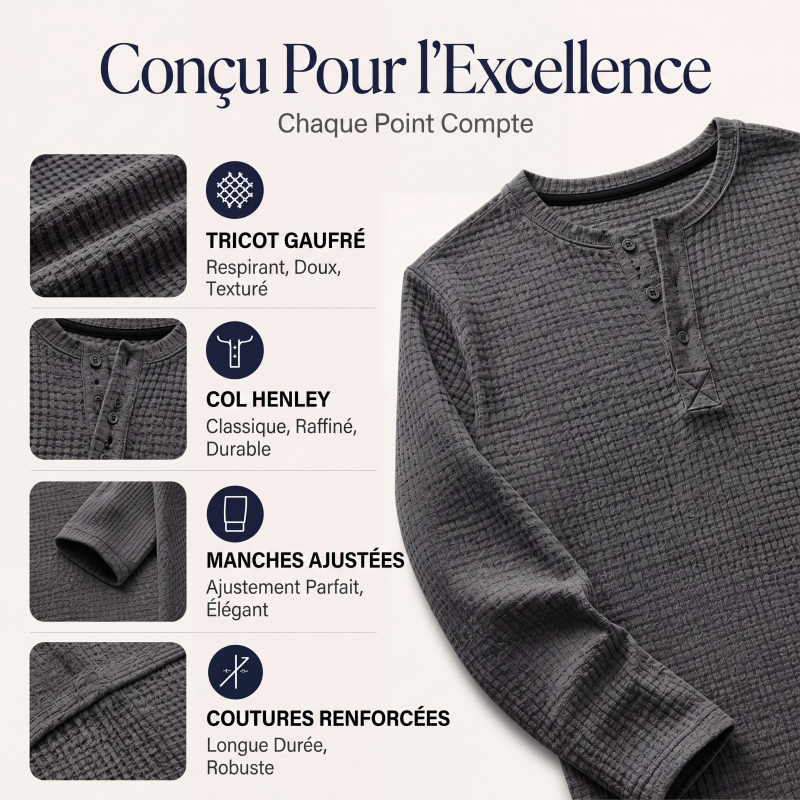 🛒 OFFRE LIMITÉE : -50% ! Chemise Henley à manches longues en maille gaufrée pour homme