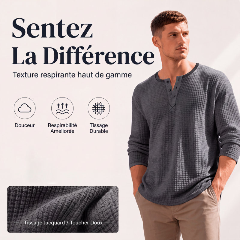 🛒 OFFRE LIMITÉE : -50% ! Chemise Henley à manches longues en maille gaufrée pour homme