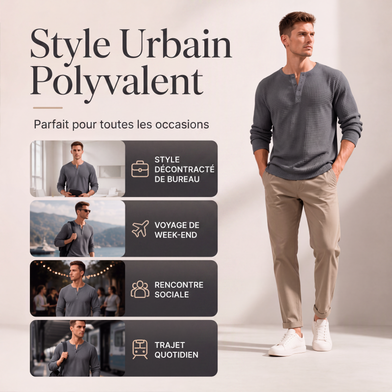 🛒 OFFRE LIMITÉE : -50% ! Chemise Henley à manches longues en maille gaufrée pour homme