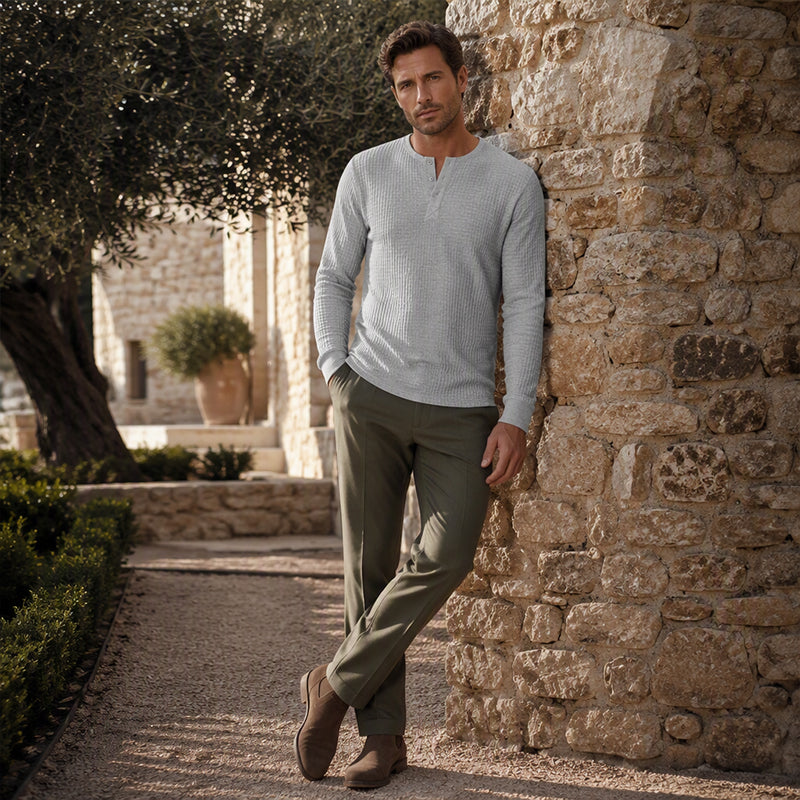🛒 OFFRE LIMITÉE : -50% ! Chemise Henley à manches longues en maille gaufrée pour homme