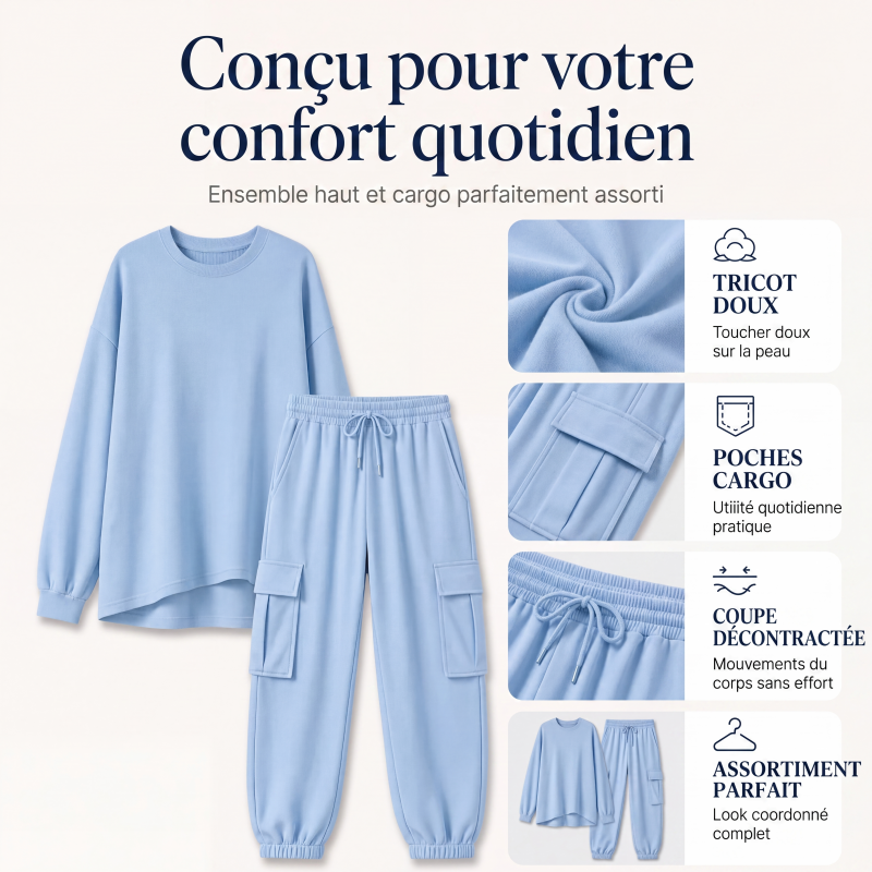 Ensemble décontracté pour femme : haut à col rond et pantalon cargo