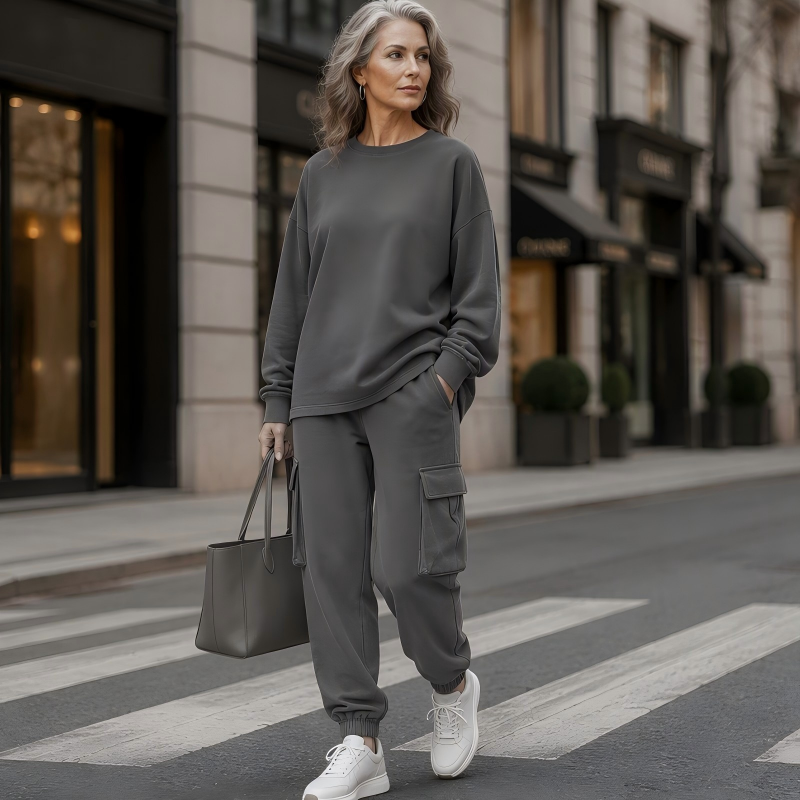Ensemble décontracté pour femme : haut à col rond et pantalon cargo