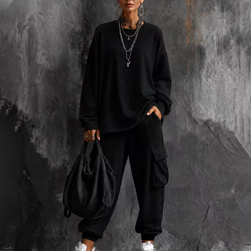 Ensemble décontracté pour femme : haut à col rond et pantalon cargo