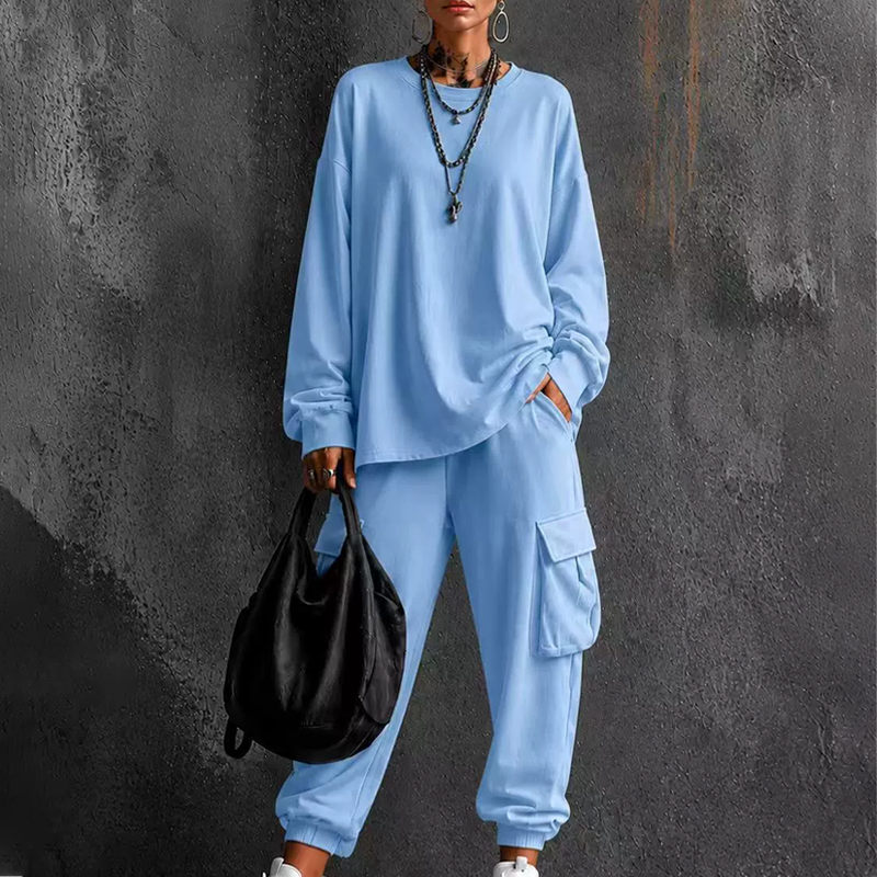 Ensemble décontracté pour femme : haut à col rond et pantalon cargo
