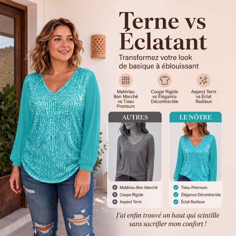 Haut élégant pour femme à col V en sequins