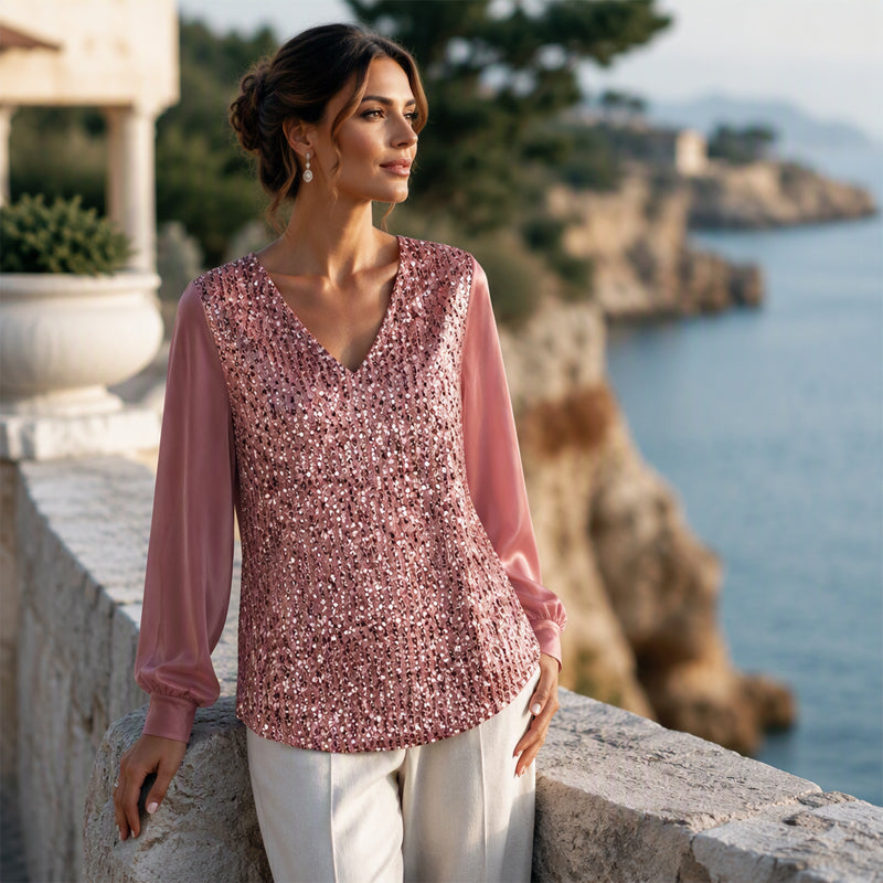 Haut élégant pour femme à col V en sequins