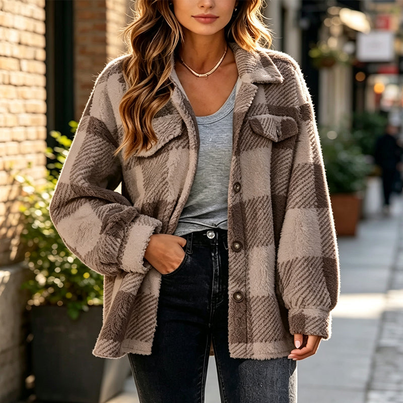 Veste femme à carreaux boutonnée confortable