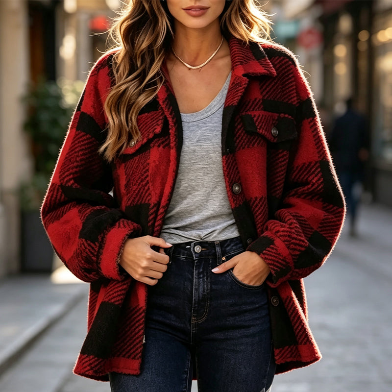 Veste femme à carreaux boutonnée confortable