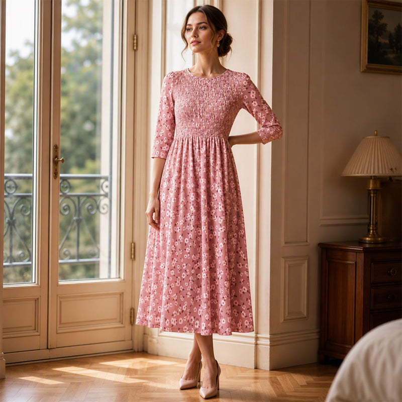 Robe à smocks et imprimé floral pour femme