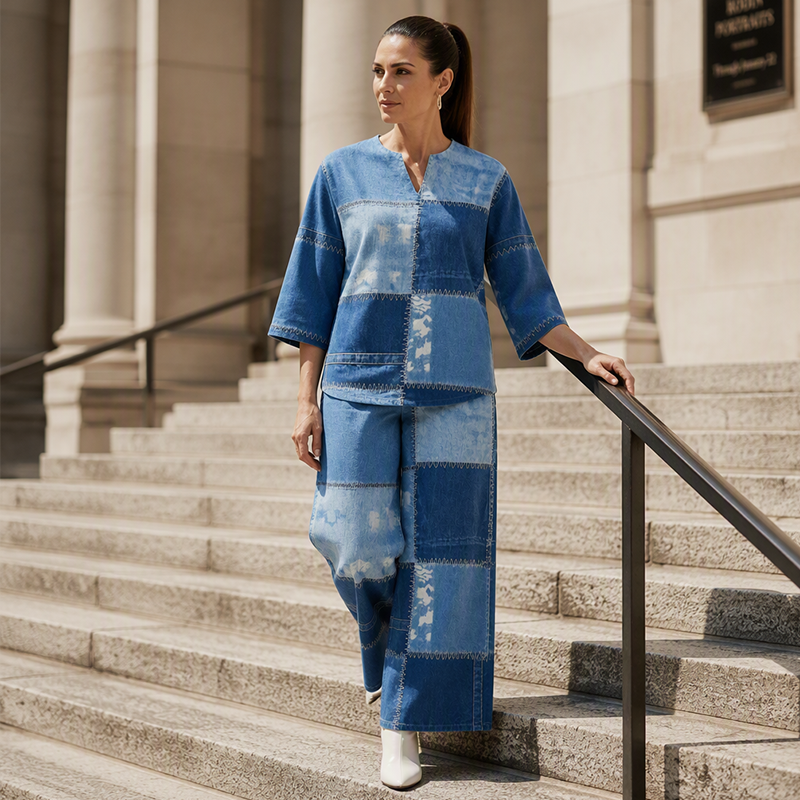 Ensemble femme composé d'un haut à manches longues et d'un pantalon à jambes larges