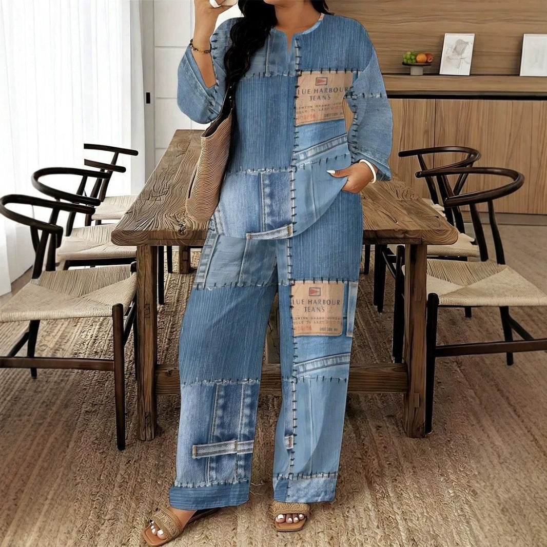 Ensemble femme composé d'un haut à manches longues et d'un pantalon à jambes larges