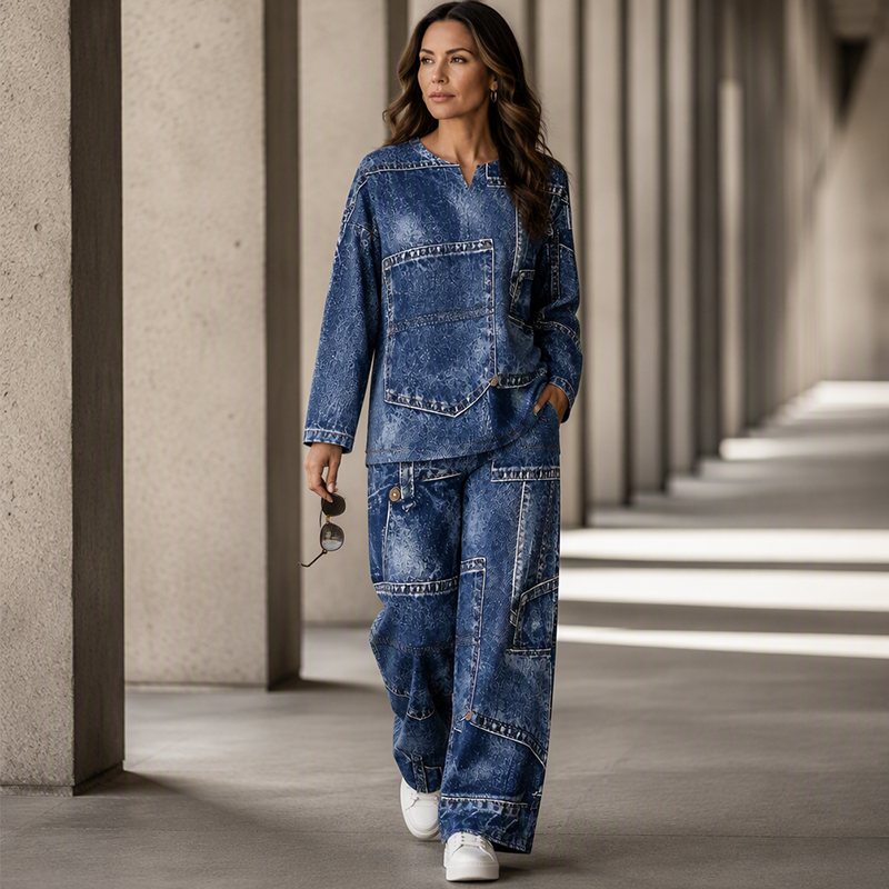 Ensemble femme composé d'un haut à manches longues et d'un pantalon à jambes larges