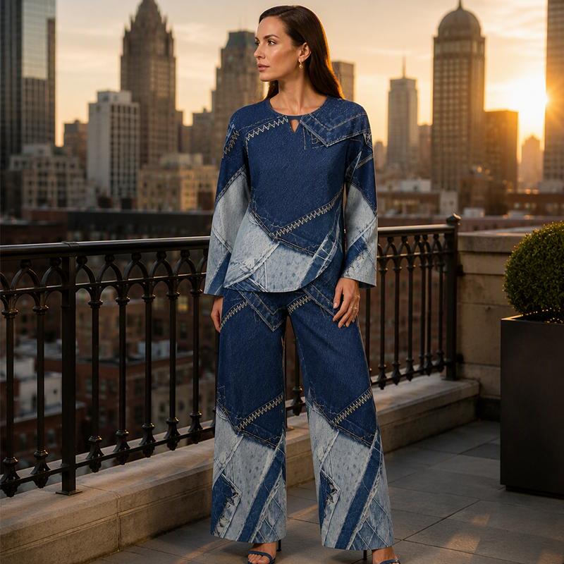 Ensemble femme composé d'un haut à manches longues et d'un pantalon à jambes larges