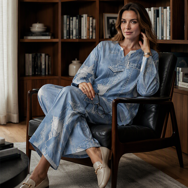 Ensemble femme composé d'un haut à manches longues et d'un pantalon à jambes larges