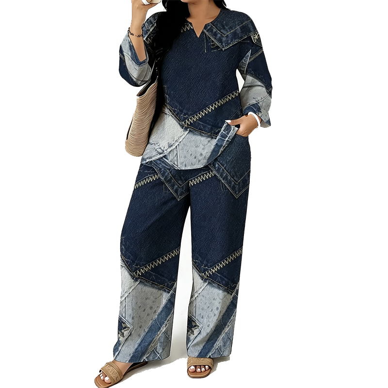 Ensemble femme composé d'un haut à manches longues et d'un pantalon à jambes larges