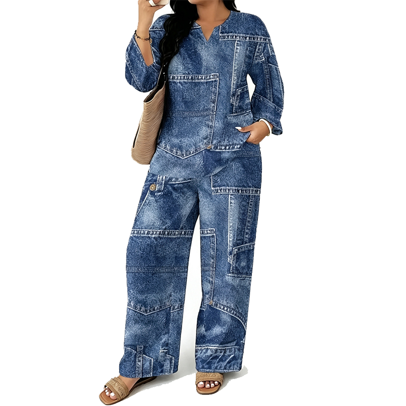 Ensemble femme composé d'un haut à manches longues et d'un pantalon à jambes larges