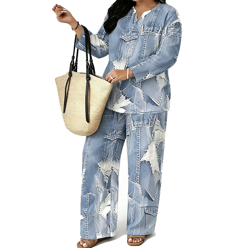 Ensemble femme composé d'un haut à manches longues et d'un pantalon à jambes larges