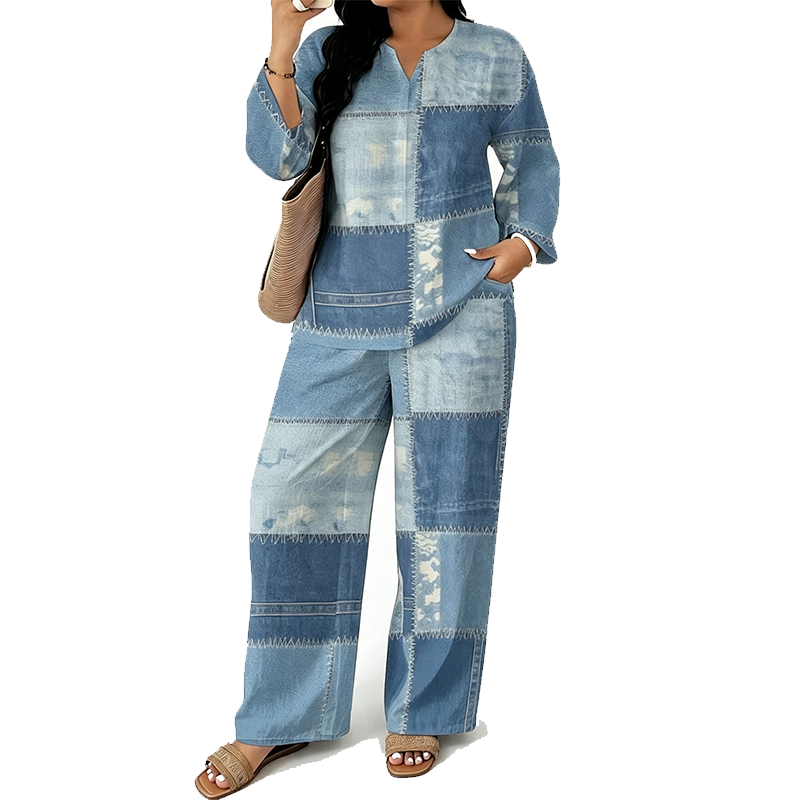 Ensemble femme composé d'un haut à manches longues et d'un pantalon à jambes larges