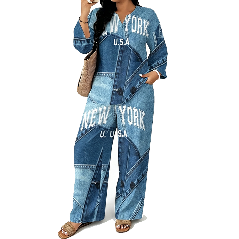 Ensemble femme composé d'un haut à manches longues et d'un pantalon à jambes larges
