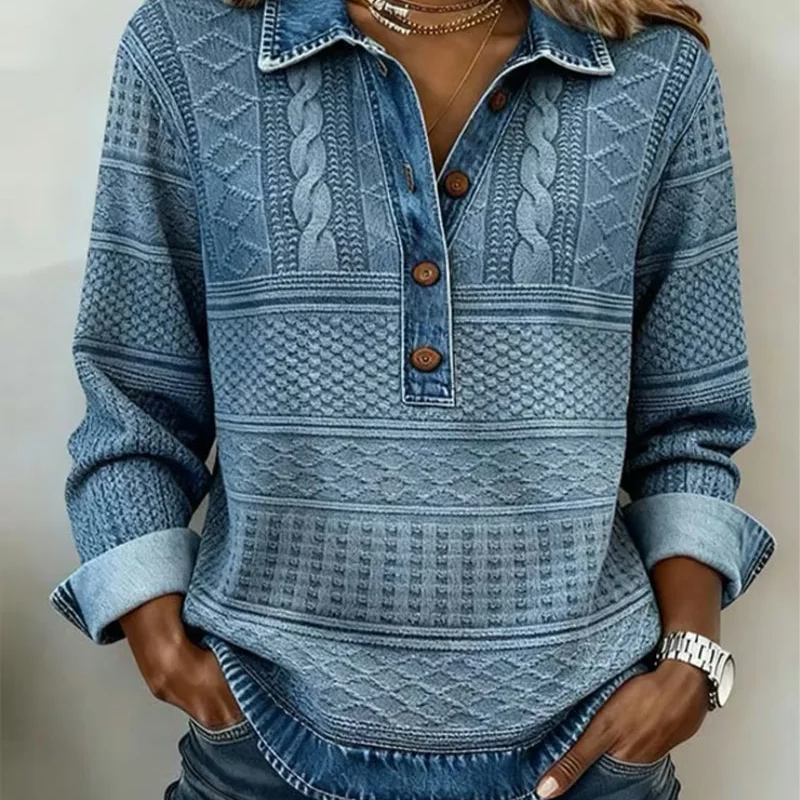 Chemise à manches longues en jean patchwork pour femme avec col