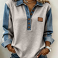 Chemise à manches longues en jean patchwork pour femme avec col