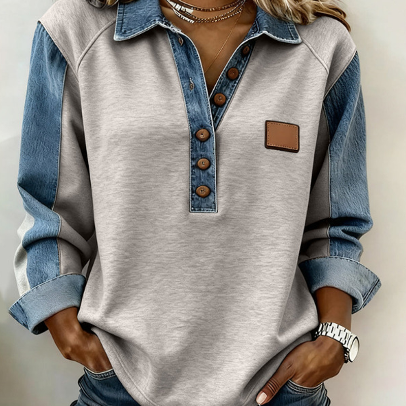 Chemise à manches longues en jean patchwork pour femme avec col