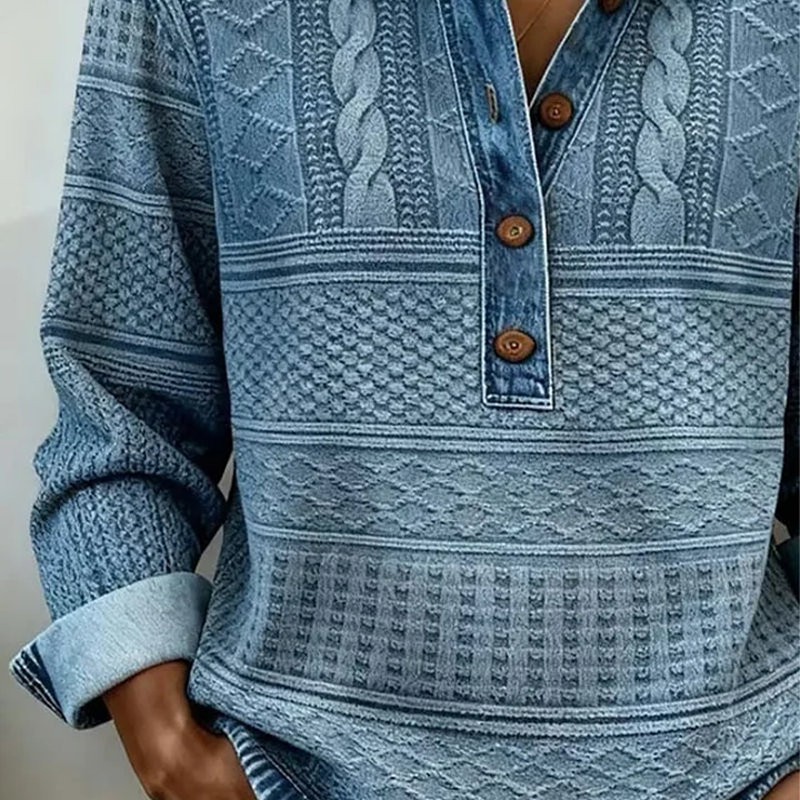 Chemise à manches longues en jean patchwork pour femme avec col