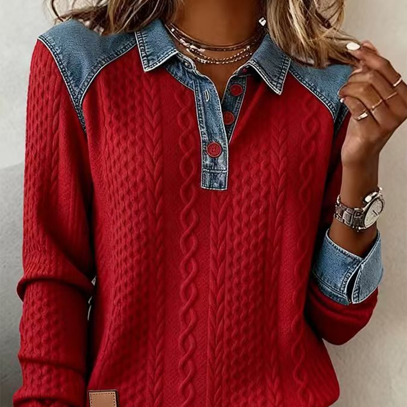 Chemise à manches longues en jean patchwork pour femme avec col