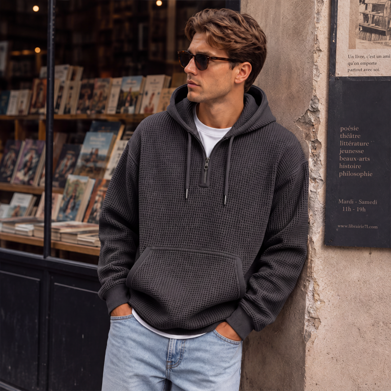 📢📢50 % DE RÉDUCTION !! ⏰ Sweat à capuche en maille à demi-zip pour homme