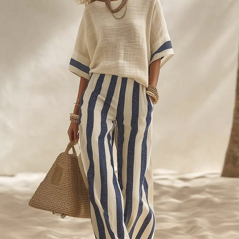 ⌛Offre à durée limitée – Ensemble décontracté à rayures pour femme, composé d'un pantalon à jambes larges et d'un haut