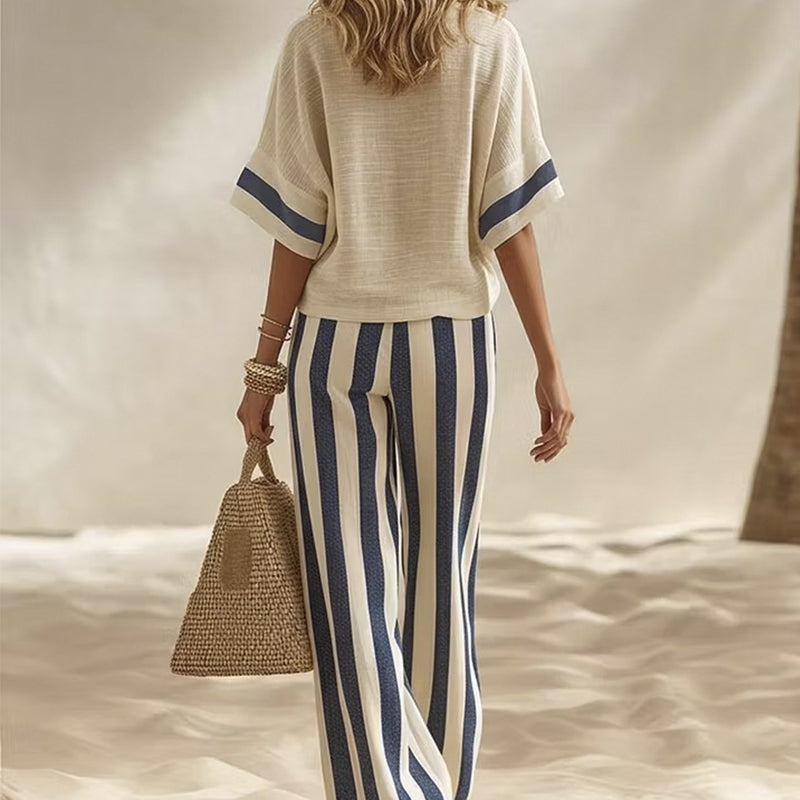 ⌛Offre à durée limitée – Ensemble décontracté à rayures pour femme, composé d'un pantalon à jambes larges et d'un haut