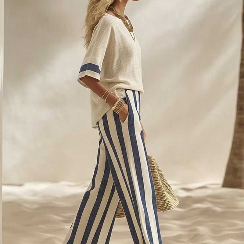 ⌛Offre à durée limitée – Ensemble décontracté à rayures pour femme, composé d'un pantalon à jambes larges et d'un haut
